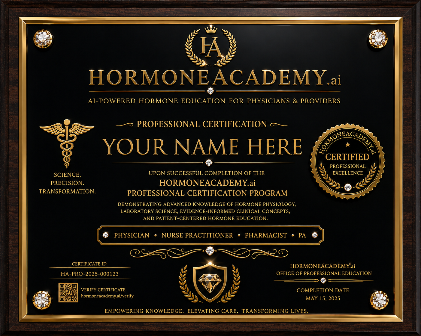 HormoneAcademy.ai sample professional educational certification plaque
